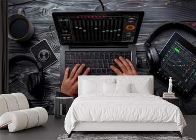 Creative Sound Mixing Music Producer's Hands at Work with DJ Software Tablet and Coffee Professional Audio Editing and Production with Headphones Wall mural