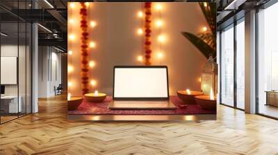 Diwali Delight Vibrant Workspace with Blank Screen Laptop and Traditional Indian Decorations Wall mural