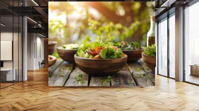 Farm Fresh Rustic Wooden Table Set with Organic Salads in Countryside Ambiance Wall mural