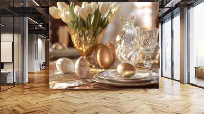 Gilded Easter Elegance Opulent Table Setting with Egg Motifs Porcelain and Tulips Wall mural