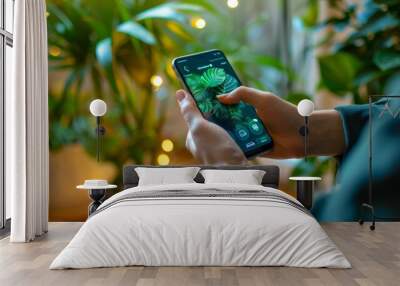 Green Technology in Action Sustainable Energy Tracker App on Smartphone with LED Lights and Plant Background Wall mural