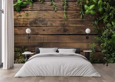 Herbal Harmony Rustic Wooden Plank Background with Fresh Rosemary Thyme and Basil Perfect for Culinary and Garden Inspiration Wall mural