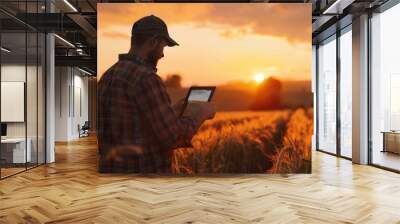 Modern Farming TechSavvy Farmer Managing Fields at Dusk with Digital Diary App Wall mural