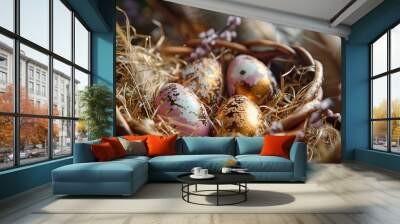 Rustic Easter Basket Handcrafted Eggs Nestled in Natural Beauty Wall mural