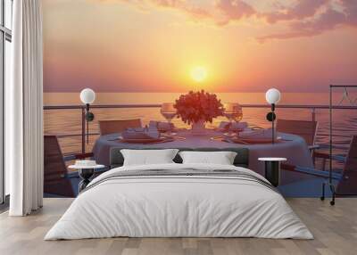 Serenity at Sea Sunset Romance on a Yacht Sundeck Private Dinner Setting for Two Ocean Horizon View Wall mural