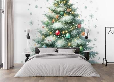 A watercolor illustration of a Christmas tree on a white background, covered with white snow. The tree is adorned with colorful ornaments peeking Wall mural