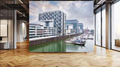 Modern business center on blue sky background in Cologne, Germany. Cologne Kranhaus - modern complex of buildings on the bank of Rhine with beautiful panoramic views in blue tones. Wall mural