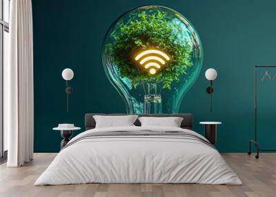  a bright green light bulb containing a light bulb with a glowing green plant leaf and a white wifi signal emanating from its center. Wall mural