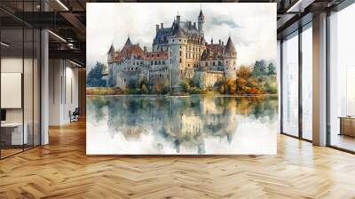  a watercolor painting of a castle with a moat. The castle has a tall tower with a pointed roof and two turrets. The moat is filled with water. The painting is done in an impressionistic style. Wall mural