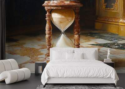 a beautifully crafted gold and white antique clock with Roman numerals. The clock, which is in motion, is set against a black background. Wall mural