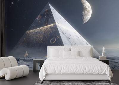 a large pyramid-like structure on the surface of the moon, with a group of people standing around it at night. Wall mural