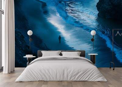 A person walks on a beach, leaving footprints in the sand. The water is calm and blue. The sky is blue as well. Wall mural