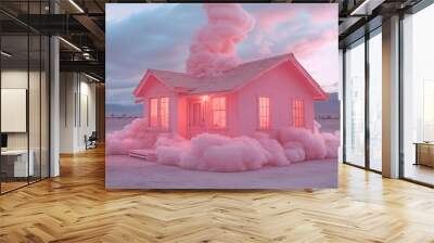 a pink house with a blue sky background and a red cloud above it. The house is made of pink bubbles. Wall mural