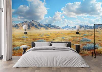 a vast, dry, desert-like landscape under a clear sky with clouds. Wall mural