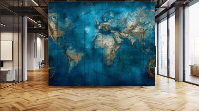 An old map of the world with a compass. The map is blue and gold. Wall mural