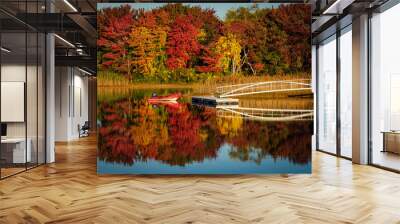 Dinghy on lake with fall foliage near Kennebunkport, Maine Wall mural