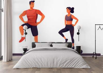 Couple in workout gear doing step aerobics on platforms Wall mural