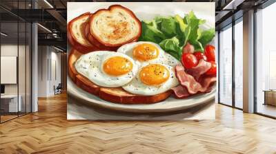  A hearty breakfast plate with sunny-side-up eggs, crispy bacon, toasted bread, fresh salad, and tomatoes, offering a balanced and delicious morning meal. Wall mural