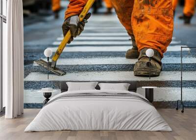  Close-up of worker painting white lines on a crosswalk. Highlights detailed urban road maintenance and safety efforts. Wall mural