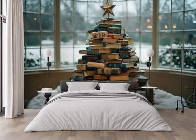  Creative Christmas tree made from stacked books, topped with a golden star, blending holiday spirit and love for literature. Ideal for book enthusiasts. Wall mural