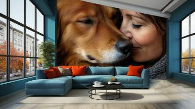  heartwarming image of a dog affectionately licking its owner's face, capturing the bond and playfulness between them. Wall mural