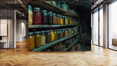  Old cellar with shelves full of dusty glass jars, each filled with homemade pickles, jams, and preserves. Wall mural