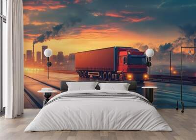  Red semi-truck driving on wet highway at sunset, with industrial cityscape and smoke in background. Reflects journey through urban roads under dramatic skies. Wall mural