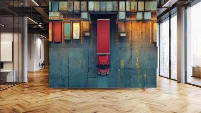  red truck is positioned at a loading dock, viewed from above. The industrial setting highlights the logistics and transportation industry in action. Wall mural