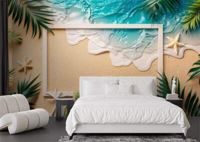  Sand with palm and tropical beach and sea background with frame design for creative advertising summer vacation and travel concept.  Wall mural