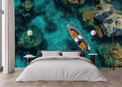  small boat floats over vibrant coral reefs in crystal-clear blue waters, offering an idyllic and serene tropical escape Wall mural