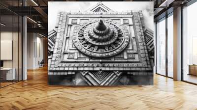  Symmetrical temple-like structure with intricate details, resembling ancient religious or cultural symbols, evoking spiritual and historical significance. Wall mural