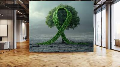  Tree growing in barren landscape, leaves form shape of cancer ribbon, some vibrant and green, others shriveled, showing balance of life and struggle. Wall mural