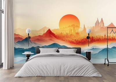  Vibrant sunrise over futuristic cityscape with distant mountains, blending nature and urban life in striking tones. Wall mural