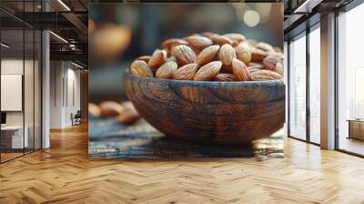 Almond breaking, delicate shells, wooden bowl, nutritious snack, cracked almonds, healthy eating, natural light Wall mural