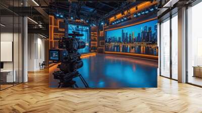 Broadcast studio featuring a large camera capturing a high-definition cityscape on an illuminated screen, reflecting modern media production and technological advancement. Wall mural