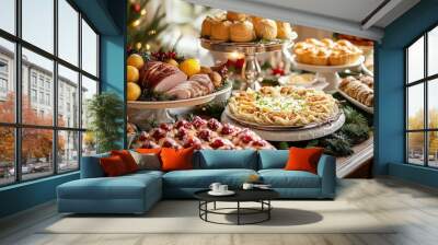 delicious spread of Christmas treats including pies, pastries, ham, and fruit, set on a festive table with seasonal decor. Wall mural