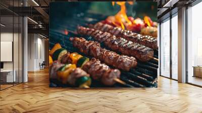 Grilled meat and vegetable skewers cooking on a barbecue. Wall mural