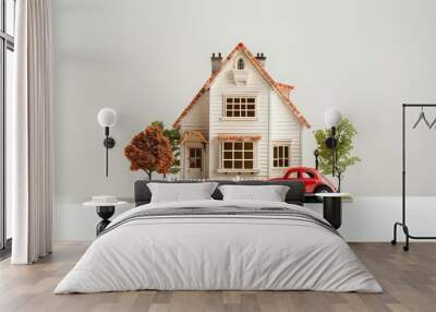 Illustrate symbols of the American Dream, such as a house with a white picket fence, a car, and a family, set against a white background to represent opportunity and prosperity. Wall mural