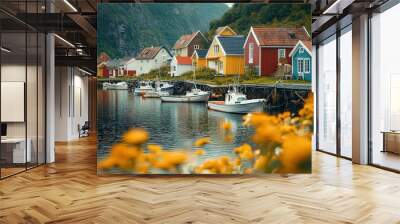 quaint coastal village with colorful houses, a small harbor, and fishing boats Wall mural