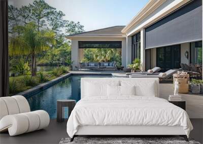 Spacious pool area with roller shades and sunny views. Comfortable seating and lush plants create a serene, private retreat for relaxing and enjoying warm days by the pool. Wall mural