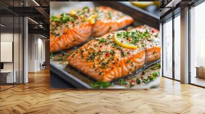 Tender salmon fillet baked with herbs and lemon, offering a flaky texture and rich flavor. Wall mural