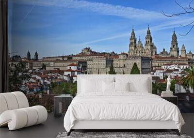 Santiago de Compostela, Galizia, panorama sulla cattedrale e la città antica dalla salita al Parque della Alameda - Spagna Wall mural