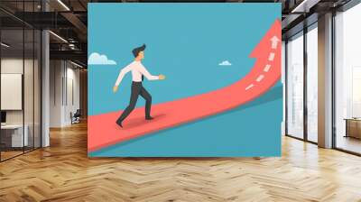 Career Path Development and Motivation for Success, Depicting a Businessman Rolling Out a Career Road, Symbolizing Effort, Business Competition, Efficiency, Productivity, and Employee Performance Wall mural