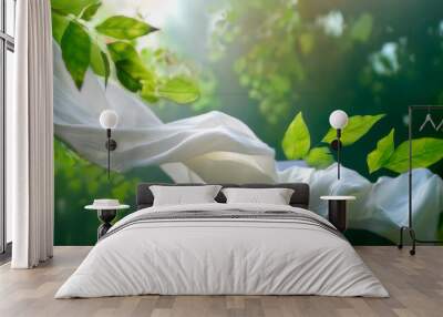 co fresh laundry wash, ecological sustainable environmental natural clothes garment washing, white flower in the garden Wall mural