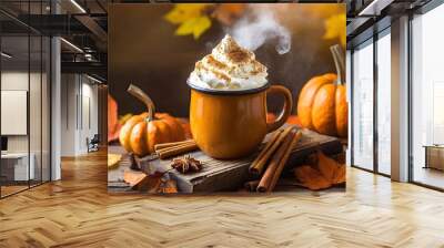 Cozy Autumn Beverage Featuring a Pumpkin Spice Latte in a Festive Mug, Surrounded by Warm Fall Decor and Seasonal Elements, Evoking Comfort and the Essence of Autumn's Favorite Flavors and Aromas Wall mural