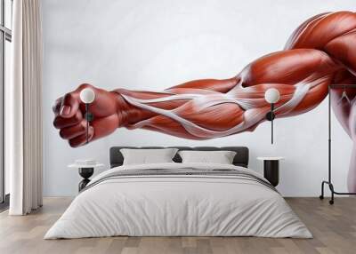 Detailed anatomical illustration of a human arm showcasing muscles and tendons in a dynamic pose for educational purposes.
 Wall mural