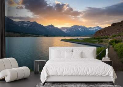 Ivins Reservoir and mountain range at sunset, Ivins, Utah, United States of America.
 Wall mural