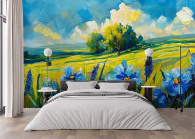 Oil Painting of a Vibrant Meadow on Canvas Featuring Blue Flowers Amidst a Colorful Landscape, Showcasing Impressionist Techniques to Capture the Beauty and Charm of a Flower-Filled Meadow in Stunning Wall mural