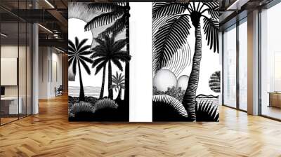 pattern with 4 quarters, in two opposite quarters there is a minimlistic palmtree, in the other two there is a sun, organic hand drawn , black and white  Wall mural