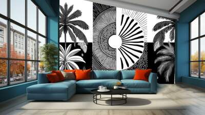 pattern with 4 quarters, in two opposite quarters there is a minimlistic palmtree, in the other two there is a sun, organic hand drawn , black and white  Wall mural